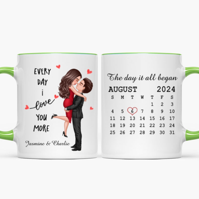 Everyday I Love You More Couple Hugging Kissing Calendar Keepsake Gift Personalized Mug