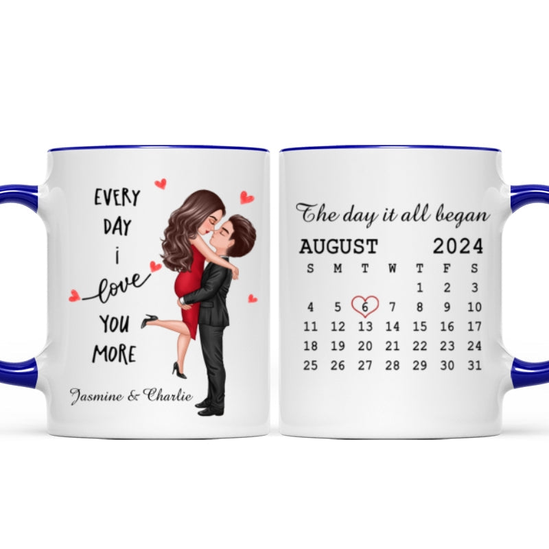 Everyday I Love You More Couple Hugging Kissing Calendar Keepsake  Gift Personalized Mug